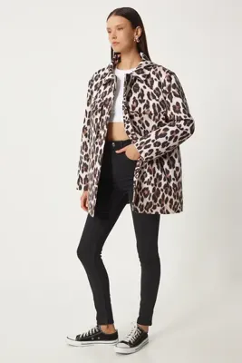 Lovelyİstanbul Leopar Desenli Şişme Mont SİYAH BEJ LNT0004