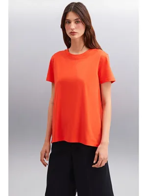 Grimelange Samantha Kadın %100 Organik Pamuklu Comfort Fit Arkası Uzun Basic Örme KIRMIZI T-Shirt