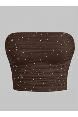 auraandmore DRAPLELİ TAŞ DETAYLI STRAPLEZ DIAMOND CROP BLUZ