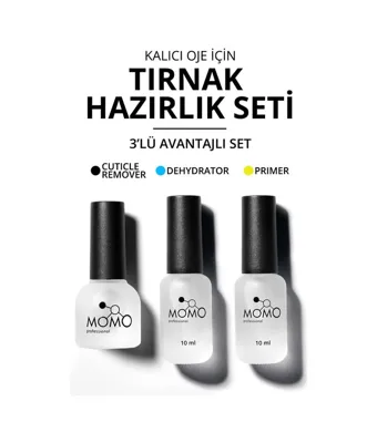 Momo Professional 3 Lü Kalıcı Oje İçin Tırnak Hazırlık Seti Cuticle Remover Dehydrator Primer 10 Ml