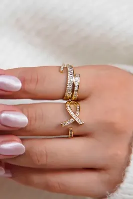 TREND COLLECTİON Işıltılı Kurdele ve Spiral Taşlı 2'li Vip Kadın Yüzük Seti