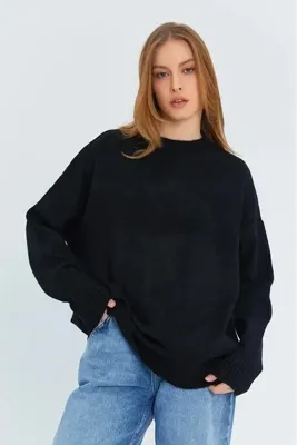 K-ODEA BUTİK Kadın SİYAH Oversize Triko Kazak - Yumuşak Dokulu Bisiklet Yaka