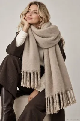 LONWİX Kadın Kışlık Kalın Püsküllü Atkı Yumuşak Dokulu Şal Model Oversize Boyun Atkısı