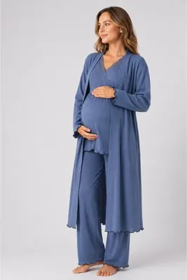 MERCİ MARYA Sabahlıklı Lohusa Pijama Takımı İndigo
