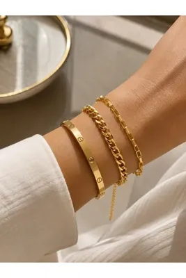 Adata Jewelry Çelik 3lü Kadın Kombin Bileklik Seti Kelepçe / Zincir Model Gold Renk Uzatma Zincirli
