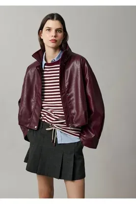 Mavi Beli Lastikli Bordo Suni Deri Ceket Oversize / Geniş Kesim 1110865-70434