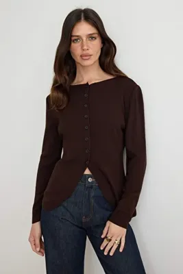 TRENDYOLMİLLA More Sustainable Kahverengi Kayık Yaka Triko Hırka TWOAW27HI00196
