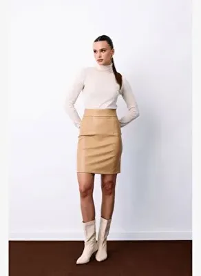 Sateen Şardonlu Deri Etek - Bej