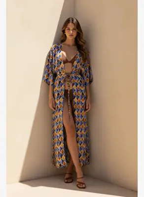 Dual Royal Mosaic Kahve Mavi Uzun Dual Kaftan