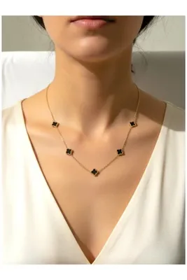 ATALYA ACCESSORY Mini Yonca Modeli Gold Renk Siyah Taşlı Kadın Paslanmaz Çelik Kolye - Kararma Yapmaz Çift Taraflı