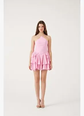 Holly Lolly Fırfırlı Halter Yaka Mini Keira Elbise Pembe