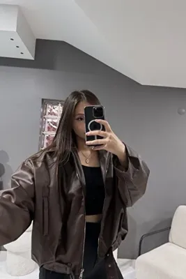 Jaglion Luvren Trend Oversize Bomber Kemerli Deri Ceket