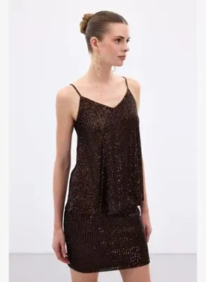 Sateen Payet Detaylı Askılı Bluz - Kahve