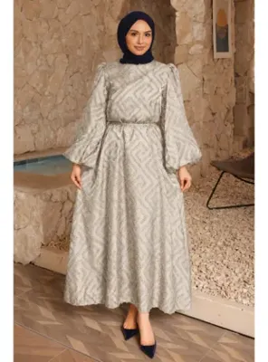 İmaj Butik Taş Balon Kol Kuşaklı Elbise