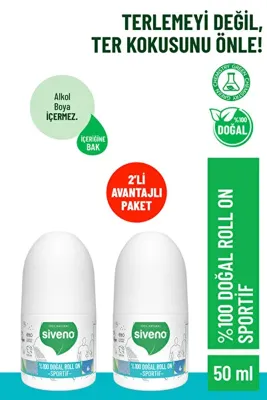Siveno %100 Doğal Roll-On Sportif Sporcu Deodorant Ter Kokusu Önleyici Bitkisel Lekesiz 50 ml X 2 Adet