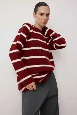 Trendyol Modest Bordo Çizgili Yumuşak Dokulu Tüylü Triko Kazak TCTAW26AK00004