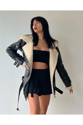 WoolnClyde Kadın Siyah Içi Siyah Kürklü Oversize Uzun Suni Deri Biker Ceket Kaban Kürk Mont