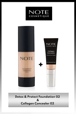 Note Cosmetics Collagen Concealer 02 Spf 20 Göz Altı Kapatıcısı & Detox & Protect Spf 15 Fondöten 02 Makyaj Seti
