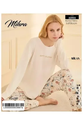 Mihra Ekru Renkli Milan Kumaş Sıfır Yaka Uzun Kollu Kadın Pijama Takımı
