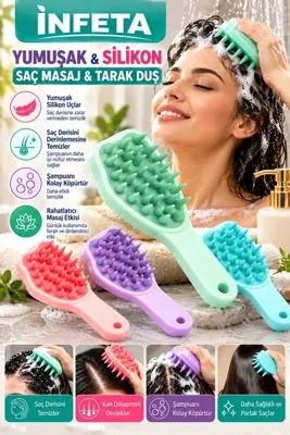 İnfeta Yumuşak Silikon Uçlu Saç Derisi Masaj Fırçası Duş Şampuan Tarağı Ergonomik Saplı
