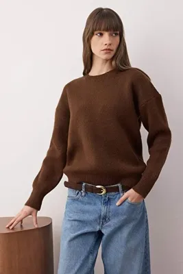 TRENDYOLMİLLA Wardrobe Essentials Kahverengi Yünlü Premium İplik Basic Geniş Kalıp Triko Kazak | TWOAW26KZ00065