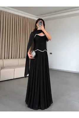 Balbe Fashion Monaco Taşlı Drapeli Şifon Abiye Elbise- Siyah