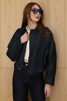 Fulla Moda Fermuarlı Oversize Kot Ceket