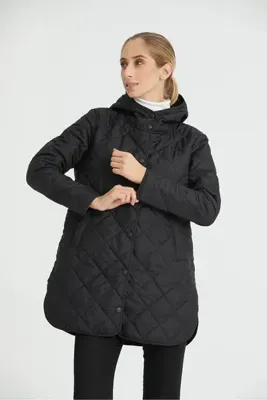 Wise Kadın Kapüşonlu Oversize Kapitone Kumaşlı Yırtmaçlı Mont