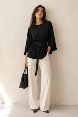 moda wanilia Modern Ve Şık Kadın Yarasa Kollu Belden Kuşaklı Atlas Bluz