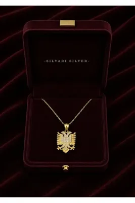 Alaja Silver Taşlı Çift Başlı Kartal, Arnavutluk Sembolü Gold Tasarım 925 Ayar Gümüş Kolye