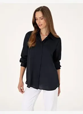 Pierre Cardin Kadın Lacivert Comfort Fit Saten Uzun Kollu Gömlek 50313588 VR033