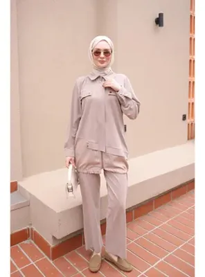 İmaj Butik Vizon Fermuarlı Alt Bağlamalı Tunik Pantolonlu Takım