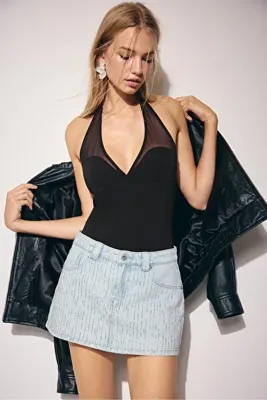Stradivarius Parlak denim şort etek