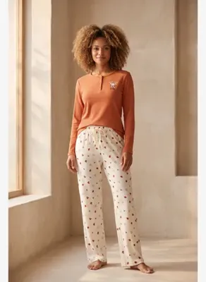 Katia & Bony Kadın Lovely Winter Köpek Nakışlı Kiremit Rengi Pijama Takımı