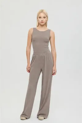 SHEISMONO Soft Rib Düz Kesim Bol Pantolon Vizon