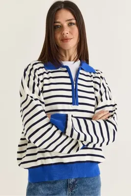 Bianco Lucci Kadın Lacivert-Saks Polo Yaka Fermuarlı Çizgili Oversize Triko Kazak 2757 60286481