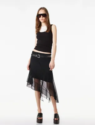 Koton Asimetrik Slim Fit Tül Detaylı Midi Etek