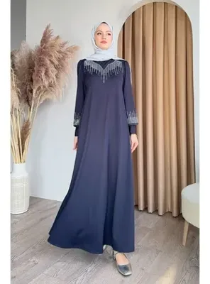 InStyle Taşlı İncili Lacivert Scuba Elbise