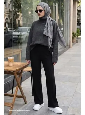 InStyle Kalın Fitilli Siyah Triko Pantolon