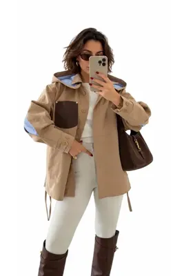 LOKADI Kadın Vizon / Lacivert Kapüşonlu Mevsimlik Ceket Deri Detaylı Oversize Trençkot Ceket