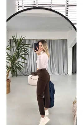 ByCukurovaFrango BY-1141 Mercan Kadın Kahve Renk Yüksek Bel Mom Kalıp Jean Jeans Dar Paça Kot Pantolon