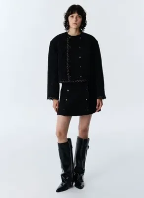 Twist TW6260005122 Siyah Kadın Yuvarlak Yaka Tüvit Oversize Ceket