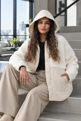 lumberjack HN-8902 Kadın Ekru Renk Günlük Pelüşlü Kapüşonlu Mont