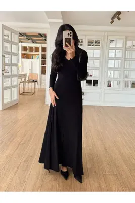 My Blog Siyah V Yaka Ön Yırtmaçlı Maxi Boy Elbise - 261009