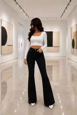 DELDNM Cleo Kadın Siyah Yüksek Bel Likralı İspanyol Paça Jean Flare Kot Pantolon