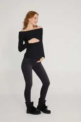 VAVIEN Hamile Jean Likralı Denim Pantolon Skinny Fit Siyah Yıpratma Detaylı 1015