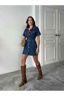 BLUE MARLIN LACİVERT ÖN ARKA PİLELİ DÜĞME KAPAMALI KOT/DENİM ELBİSE