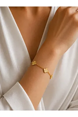 Nutly Accessories Kadın Yonca Model Bileklik Renkli Taşlı Gold Çelik Bileklik Şık Minimal Zarif Bileklik