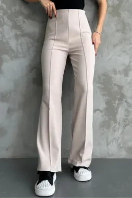macharel jeans Yeni Sezon Kadın Likralı Beli Lastikli Bol Paça Palazzo Krem Pantolon