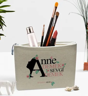 Diğer Kişiye Özel Anne Demek Sevgi Demek Keten Makyaj Çantası